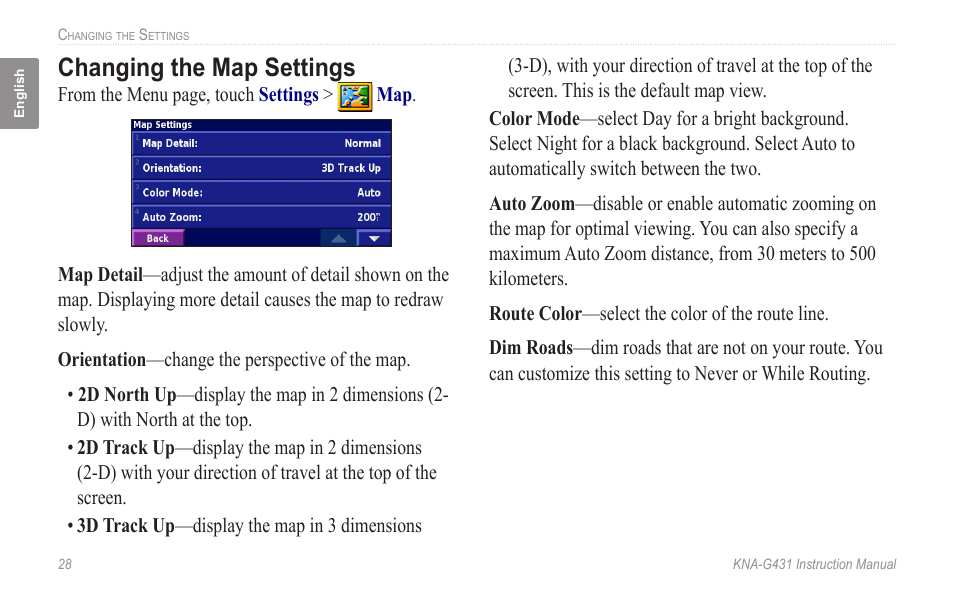 Changing the map settings | Kenwood KNA-G431 User Manual | Page 34 / 120