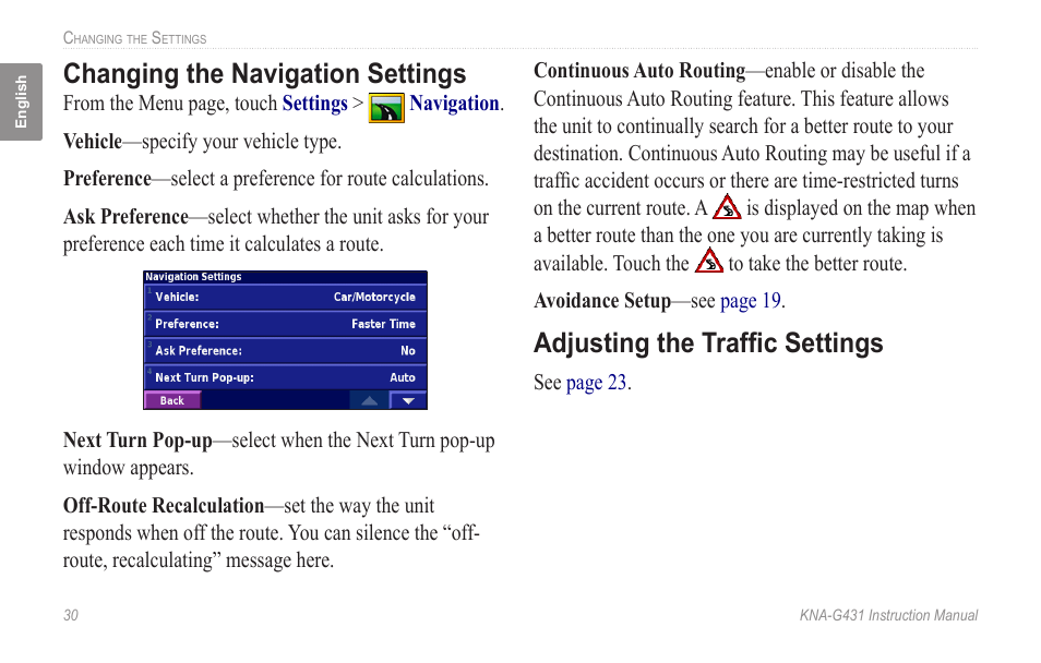 Changing the navigation settings, Adjusting the traffic settings | Kenwood KNA-G431 User Manual | Page 36 / 120