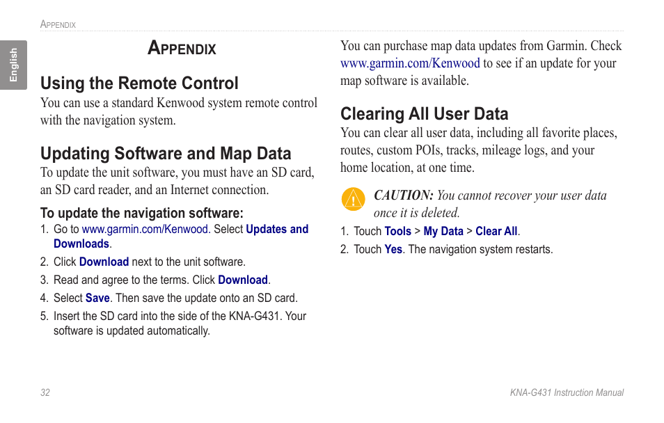 Appendix, Using the remote control, Updating software and map data | Clearing all user data | Kenwood KNA-G431 User Manual | Page 38 / 120