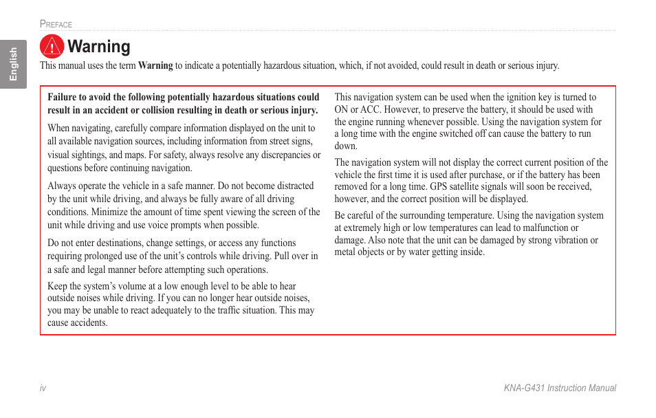 Warning | Kenwood KNA-G431 User Manual | Page 4 / 120