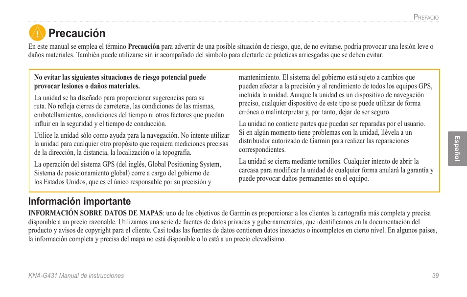 Precaución, Información importante | Kenwood KNA-G431 User Manual | Page 45 / 120