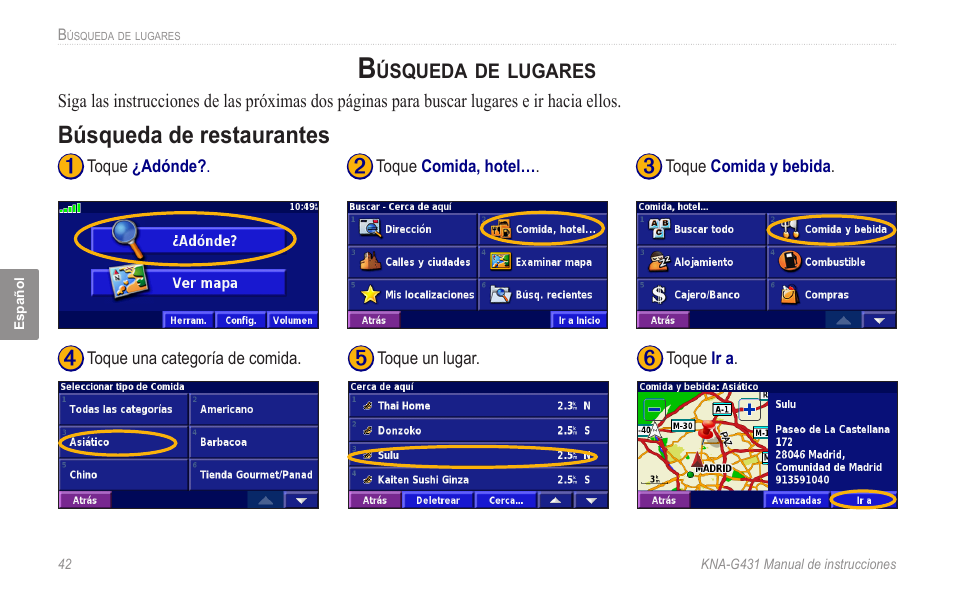 Búsqueda de lugares, Búsqueda de restaurantes | Kenwood KNA-G431 User Manual | Page 48 / 120