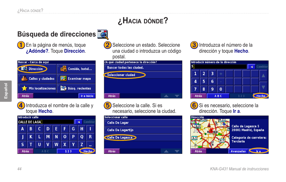 Hacia dónde, Búsqueda de direcciones | Kenwood KNA-G431 User Manual | Page 50 / 120