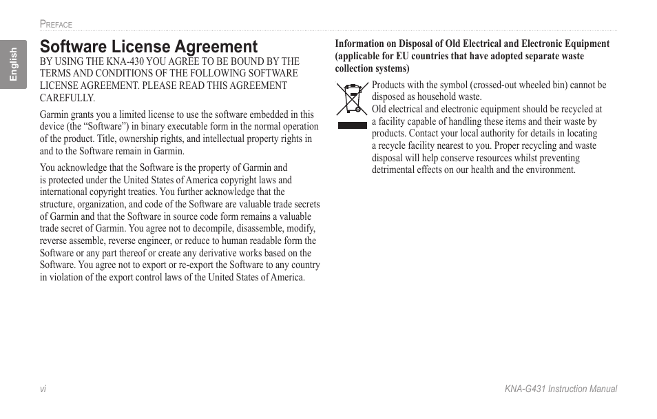 Software license agreement, Software license agreement .................vi | Kenwood KNA-G431 User Manual | Page 6 / 120