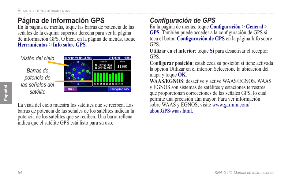 Página de información gps, Configuración de gps | Kenwood KNA-G431 User Manual | Page 60 / 120