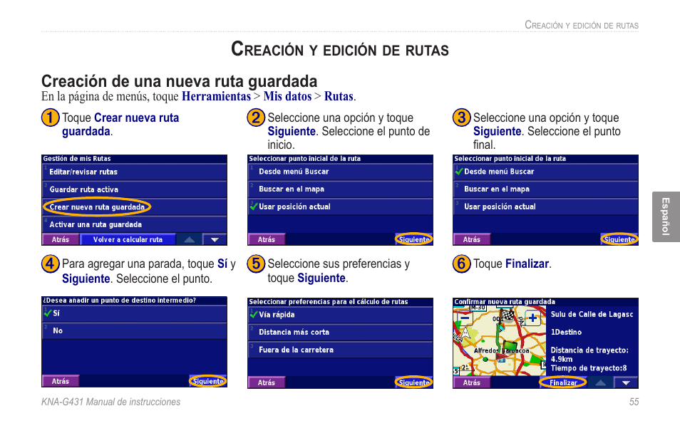 Creación y edición de rutas, Creación de una nueva ruta guardada | Kenwood KNA-G431 User Manual | Page 61 / 120