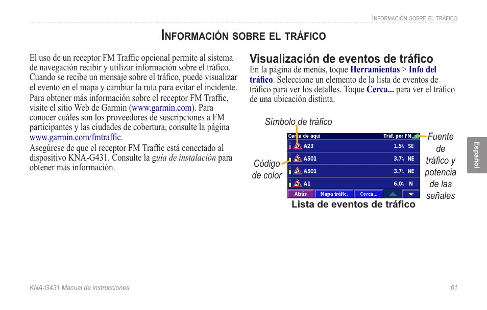 Información sobre el tráfico, Visualización de eventos de tráfico | Kenwood KNA-G431 User Manual | Page 67 / 120