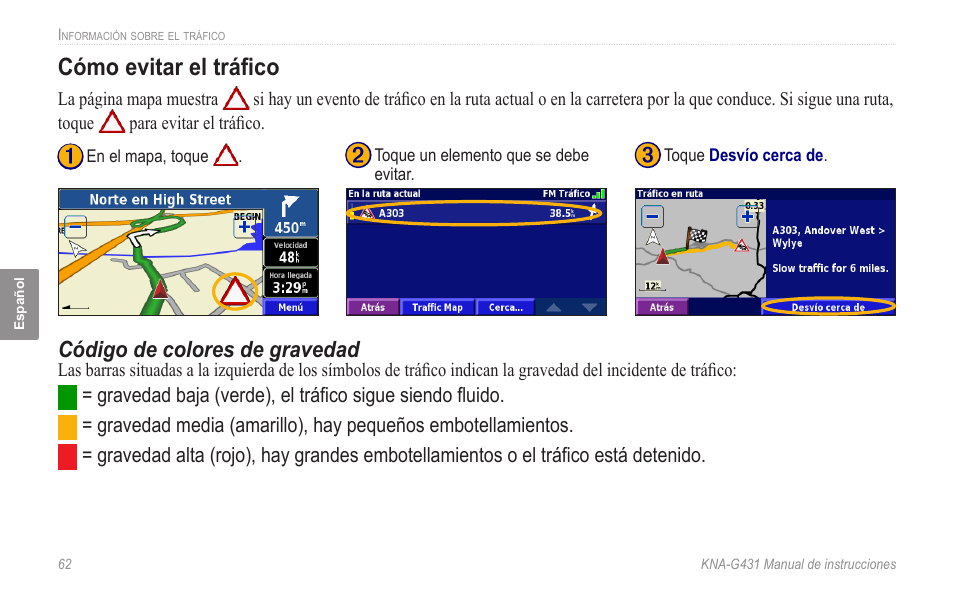 Cómo evitar el tráfico, Código de colores de gravedad | Kenwood KNA-G431 User Manual | Page 68 / 120