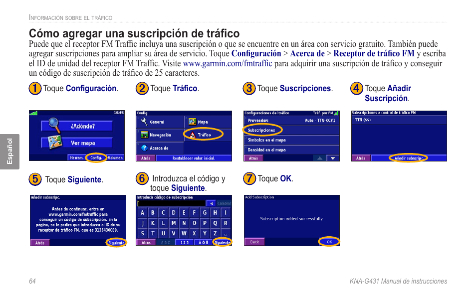 Cómo agregar una suscripción de tráfico | Kenwood KNA-G431 User Manual | Page 70 / 120