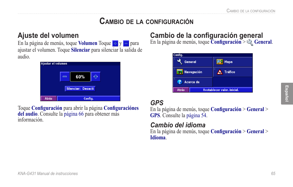 Cambio de la configuración, Ajuste del volumen, Cambio de la configuración general | Kenwood KNA-G431 User Manual | Page 71 / 120