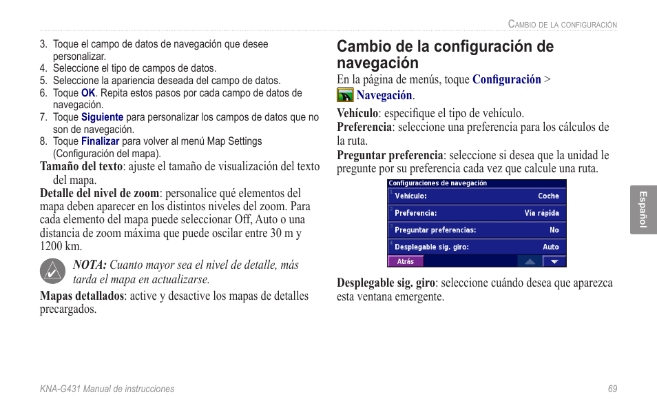 Cambio de la configuración de navegación | Kenwood KNA-G431 User Manual | Page 75 / 120