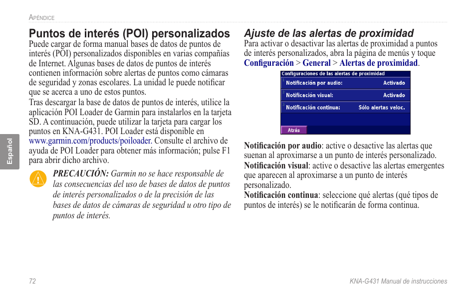 Puntos de interés (poi) personalizados, Puntos de interés �poi� personalizados, Ajuste de las alertas de proximidad | Kenwood KNA-G431 User Manual | Page 78 / 120