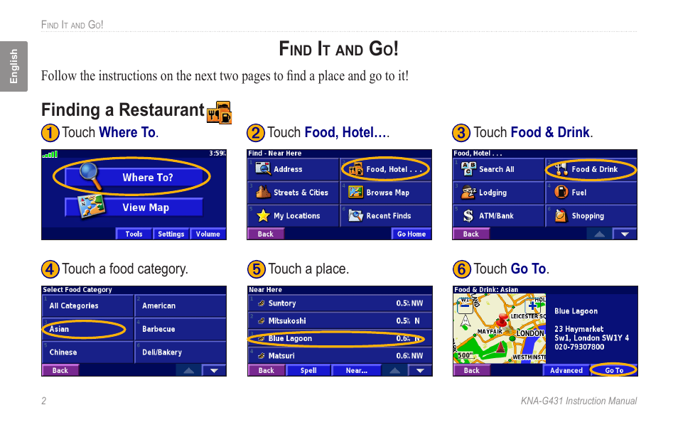 Find it and go, Finding a restaurant | Kenwood KNA-G431 User Manual | Page 8 / 120