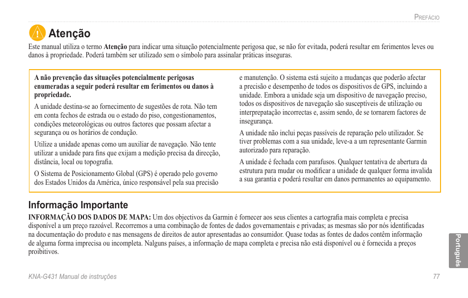 Atenção, Informação importante | Kenwood KNA-G431 User Manual | Page 83 / 120