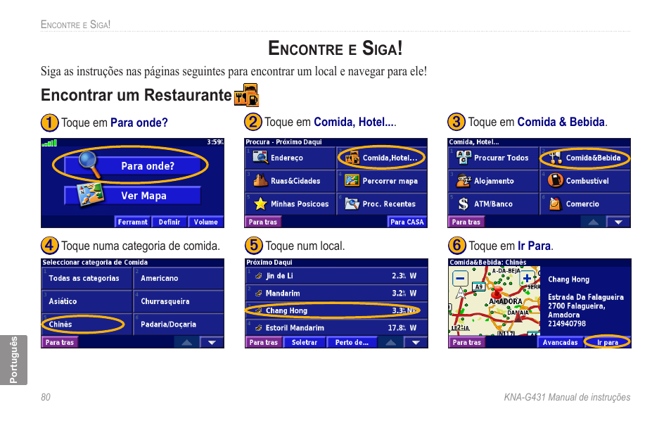Encontre e siga, Encontrar um restaurante | Kenwood KNA-G431 User Manual | Page 86 / 120