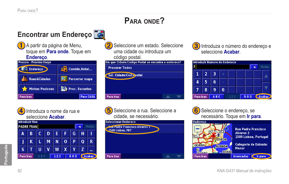 Para onde, Encontrar um endereço | Kenwood KNA-G431 User Manual | Page 88 / 120