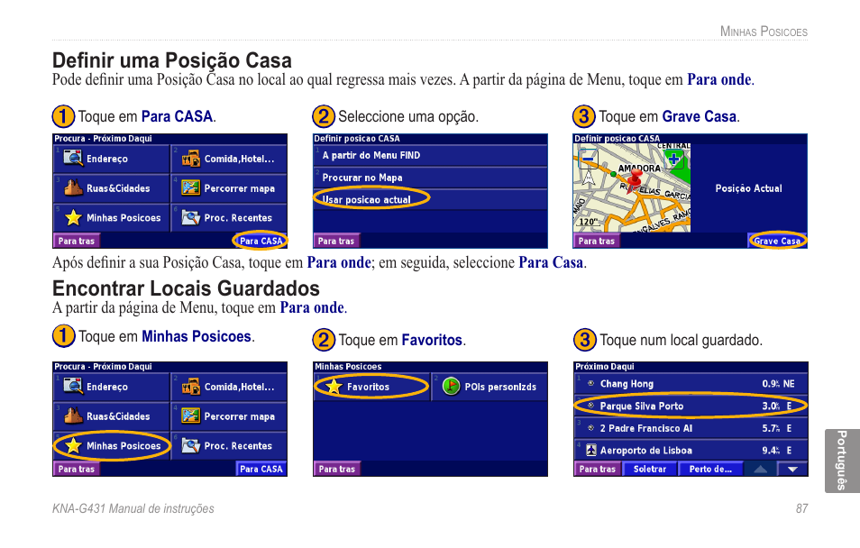 Definir uma posição casa, Encontrar locais guardados | Kenwood KNA-G431 User Manual | Page 93 / 120