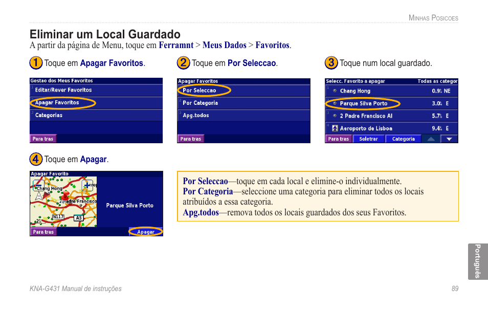 Eliminar um local guardado | Kenwood KNA-G431 User Manual | Page 95 / 120