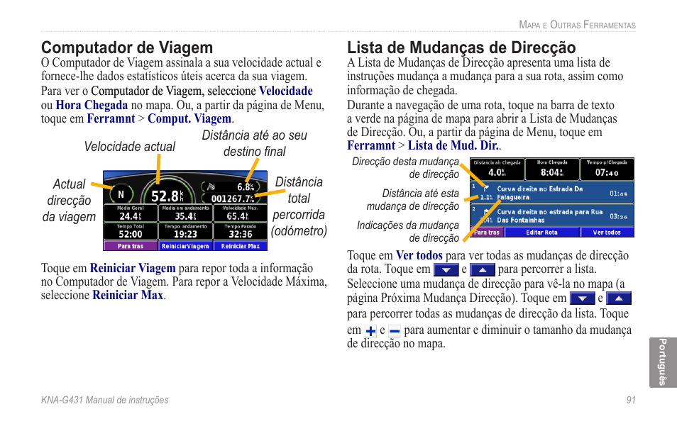 Computador de viagem, Lista de mudanças de direcção, Computador de viagem lista de mudanças de direcção | Kenwood KNA-G431 User Manual | Page 97 / 120