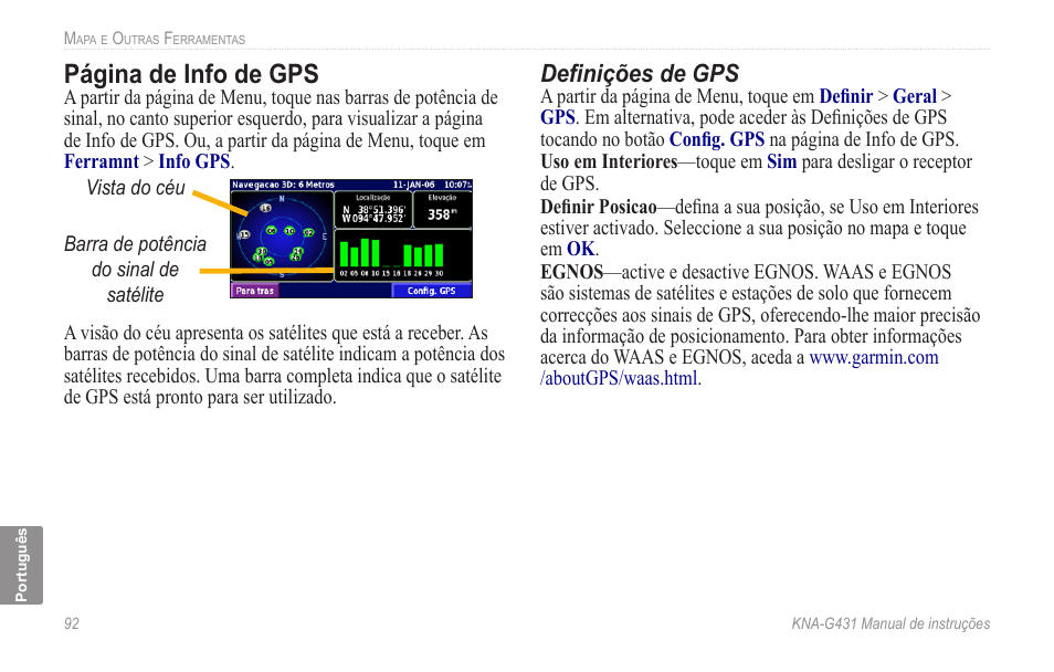 Página de info de gps, Definições de gps | Kenwood KNA-G431 User Manual | Page 98 / 120