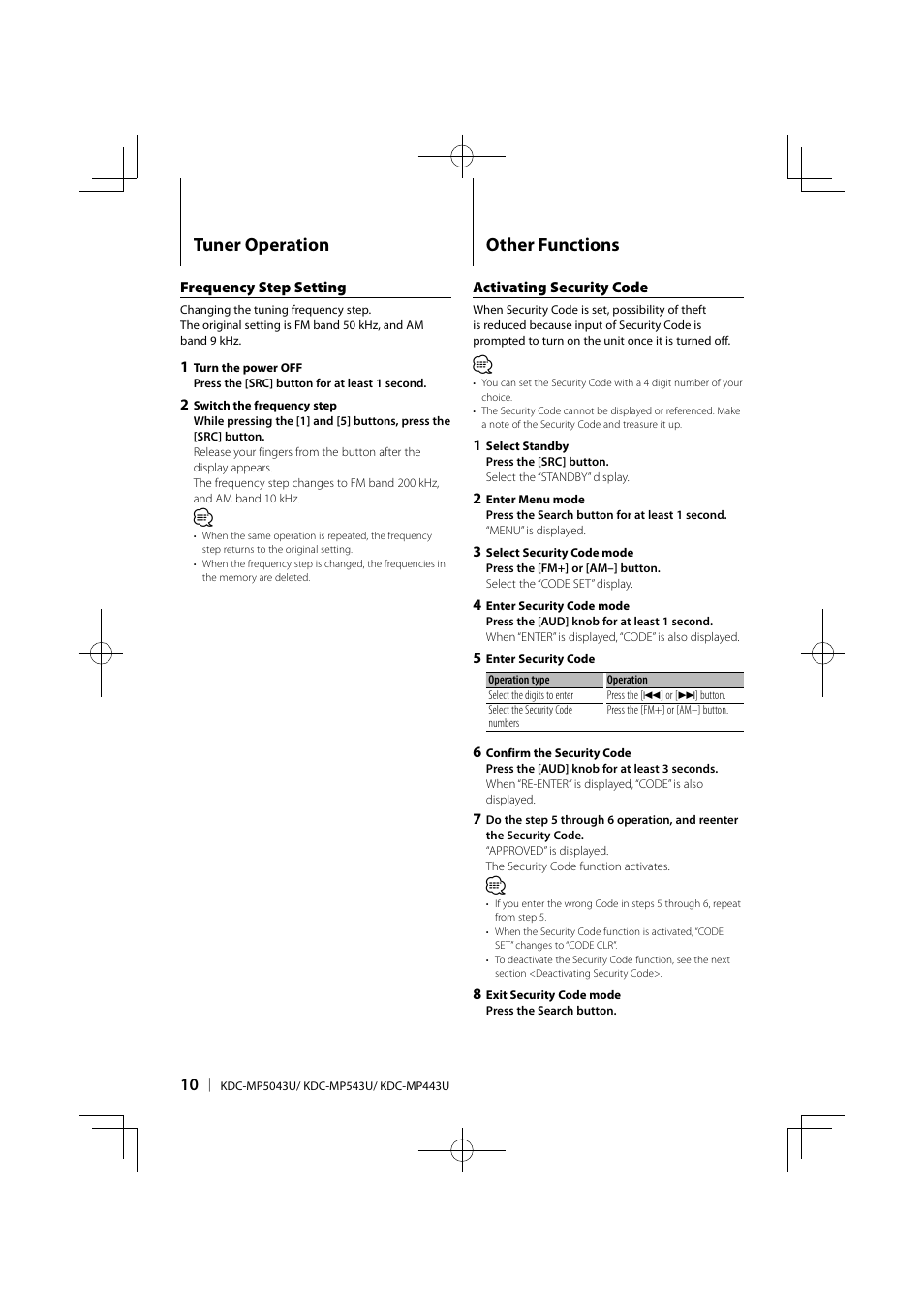 Tuner operation, Other functions | Kenwood KDC-MP443U User Manual | Page 10 / 22