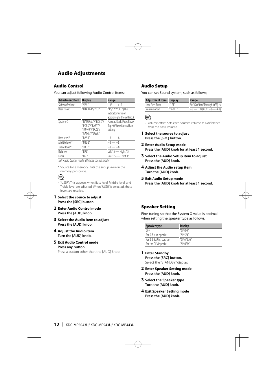 Audio adjustments | Kenwood KDC-MP443U User Manual | Page 12 / 22