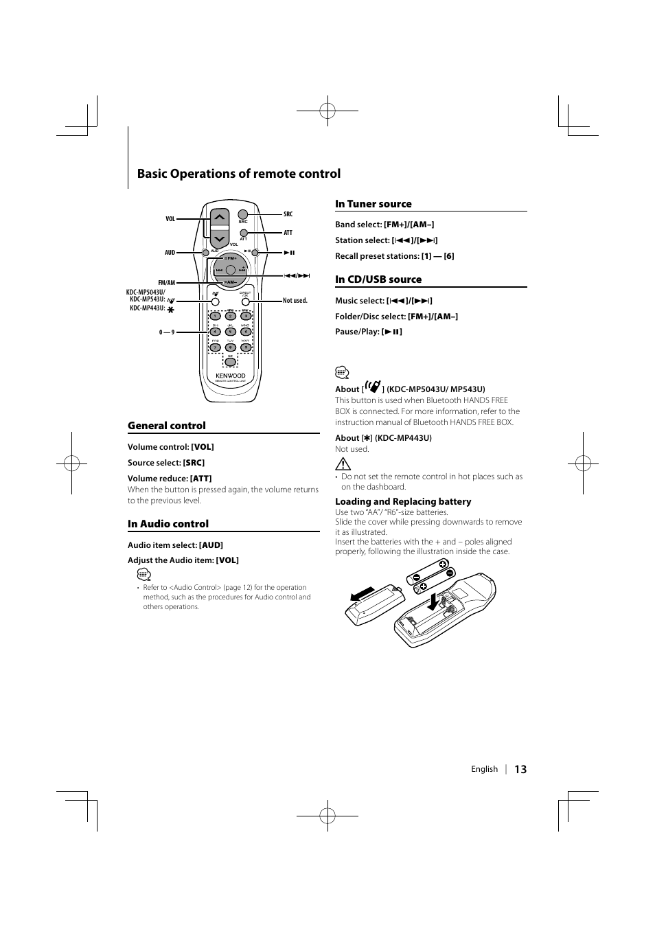 Basic operations of remote control, General control | Kenwood KDC-MP443U User Manual | Page 13 / 22