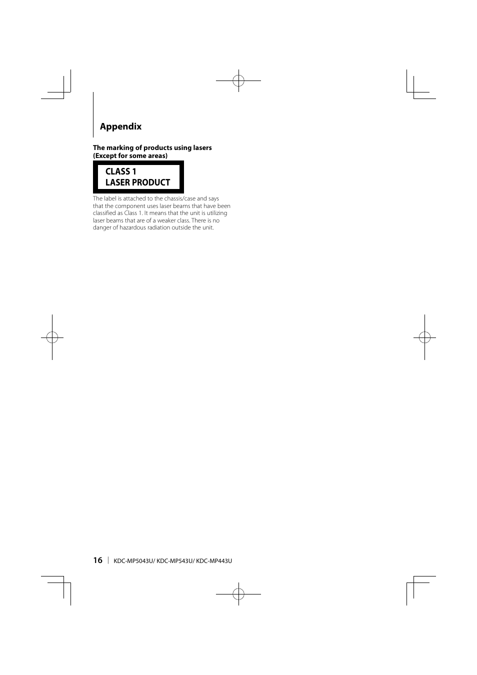 Class 1 laser product, Appendix | Kenwood KDC-MP443U User Manual | Page 16 / 22