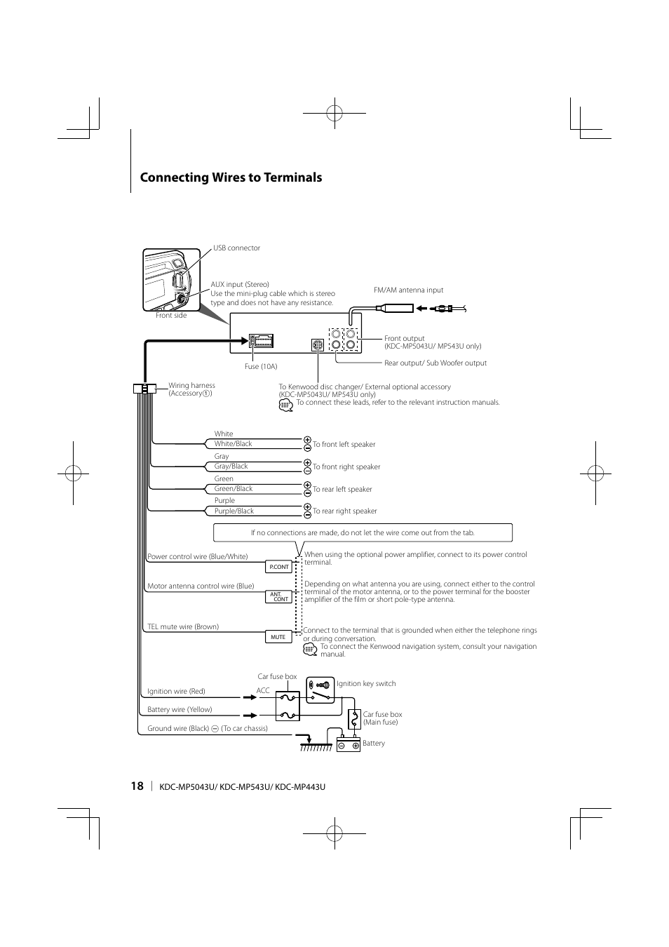 Connecting wires to terminals | Kenwood KDC-MP443U User Manual | Page 18 / 22