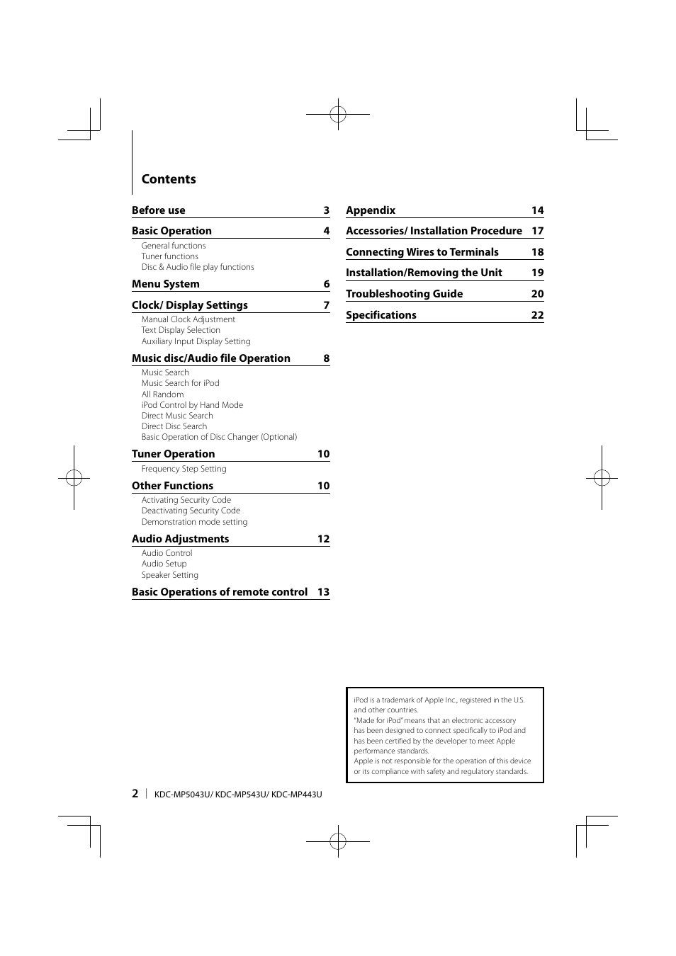 Kenwood KDC-MP443U User Manual | Page 2 / 22