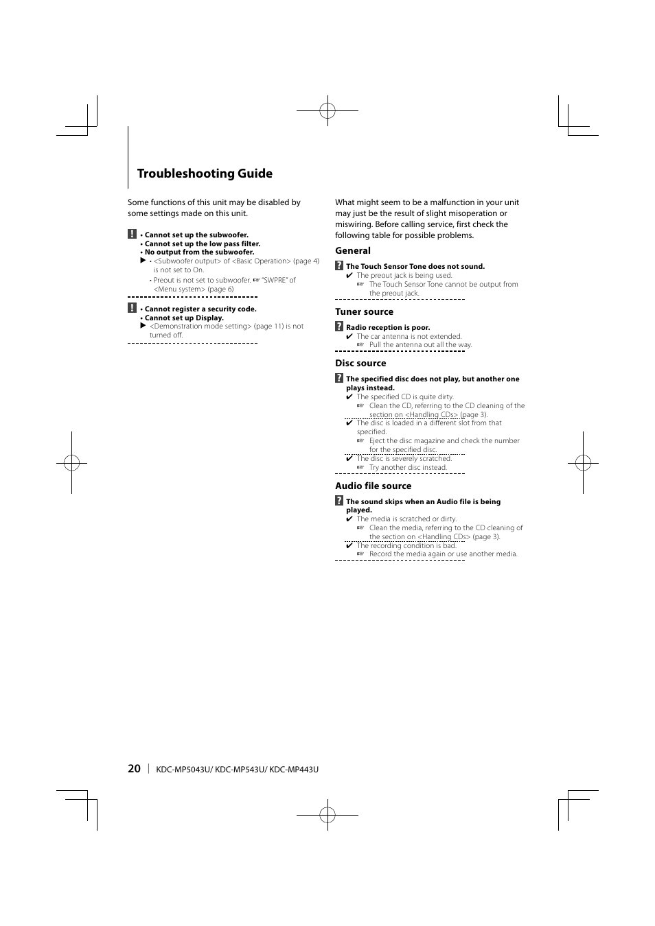 Troubleshooting guide | Kenwood KDC-MP443U User Manual | Page 20 / 22