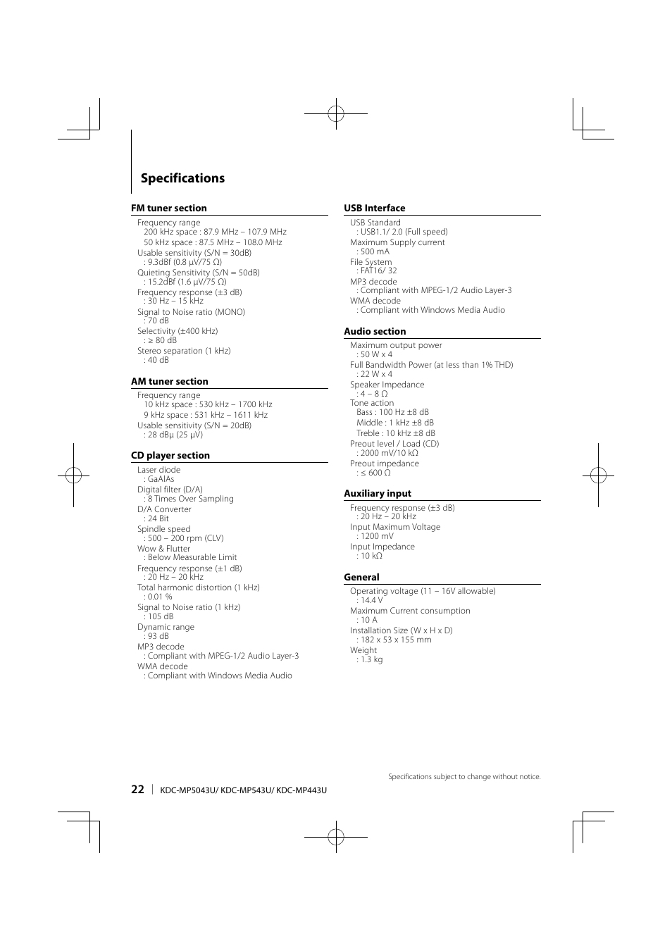 Specifications | Kenwood KDC-MP443U User Manual | Page 22 / 22