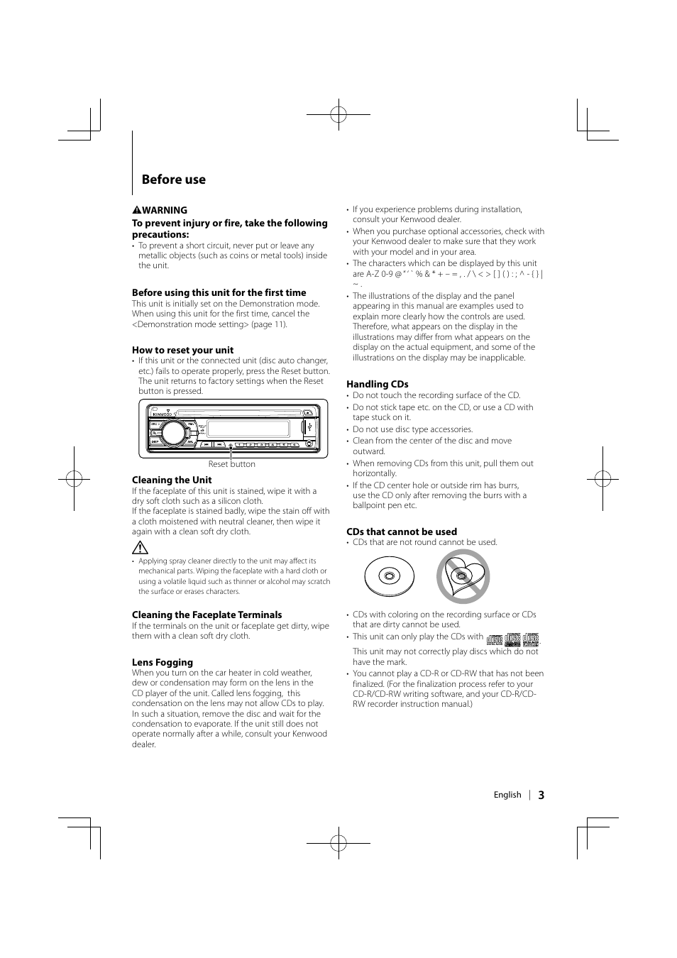 Before use | Kenwood KDC-MP443U User Manual | Page 3 / 22