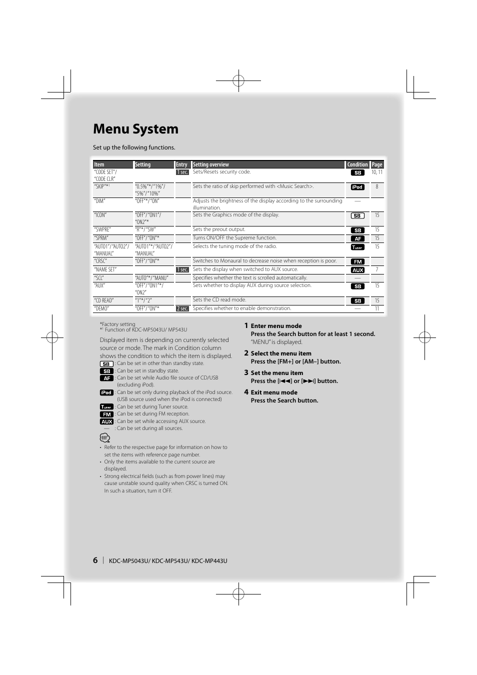 Menu system | Kenwood KDC-MP443U User Manual | Page 6 / 22