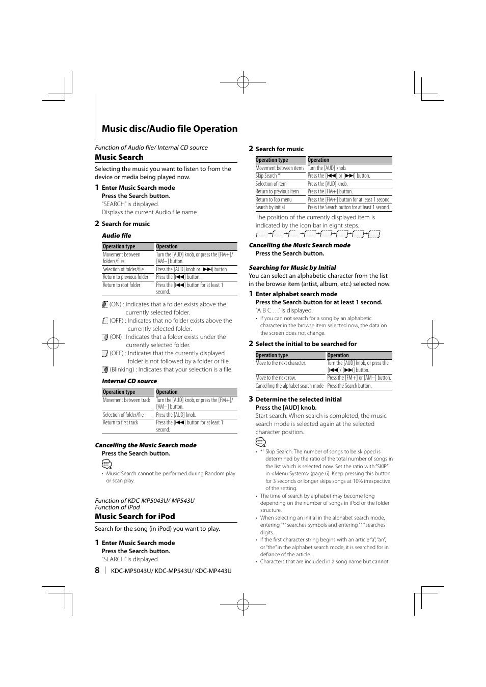 Music disc/audio file operation, Music search, Music search for ipod | Kenwood KDC-MP443U User Manual | Page 8 / 22