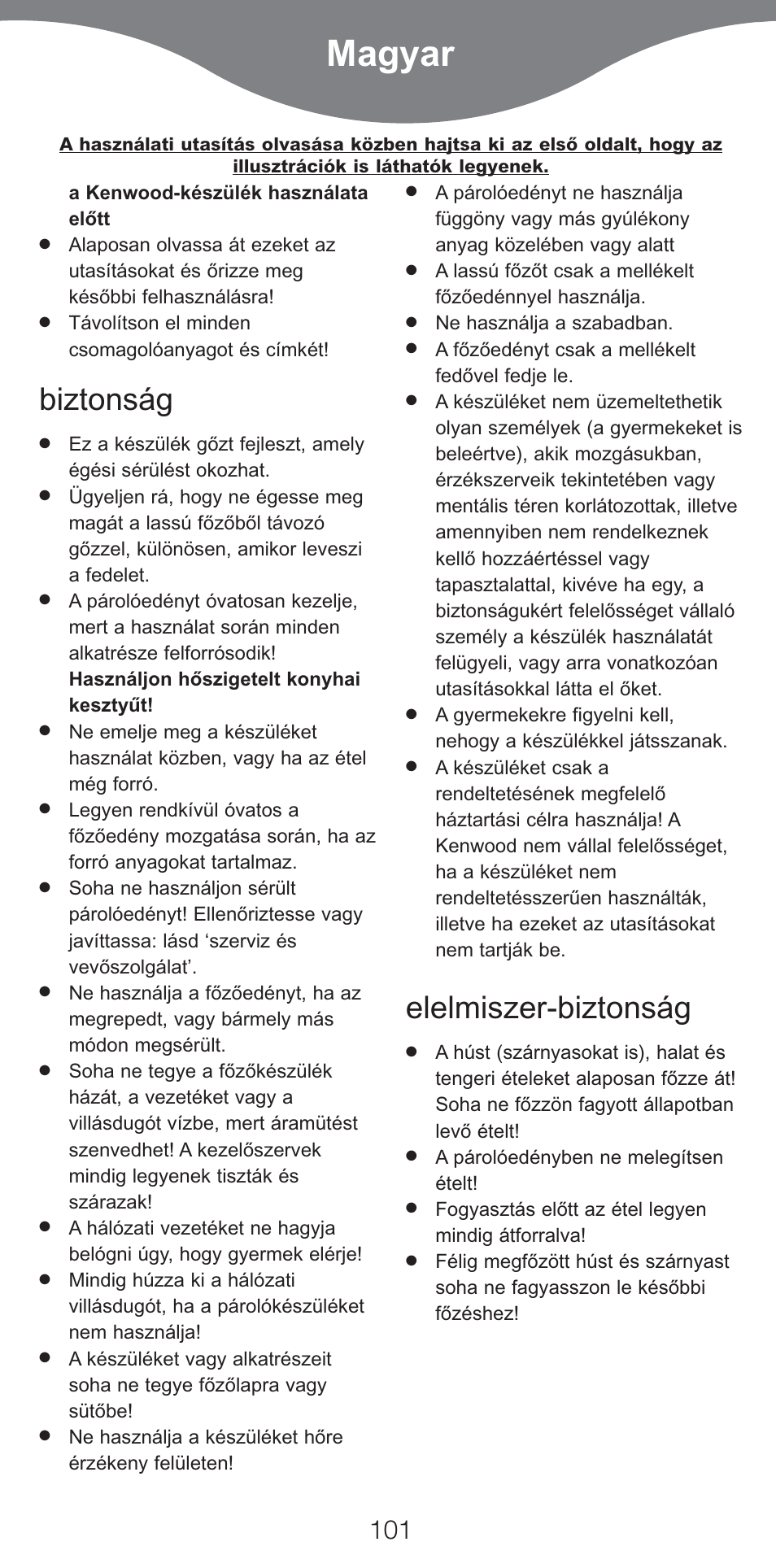 Magyar, Biztonság, Elelmiszer-biztonság | Kenwood CP707 User Manual | Page 101 / 141