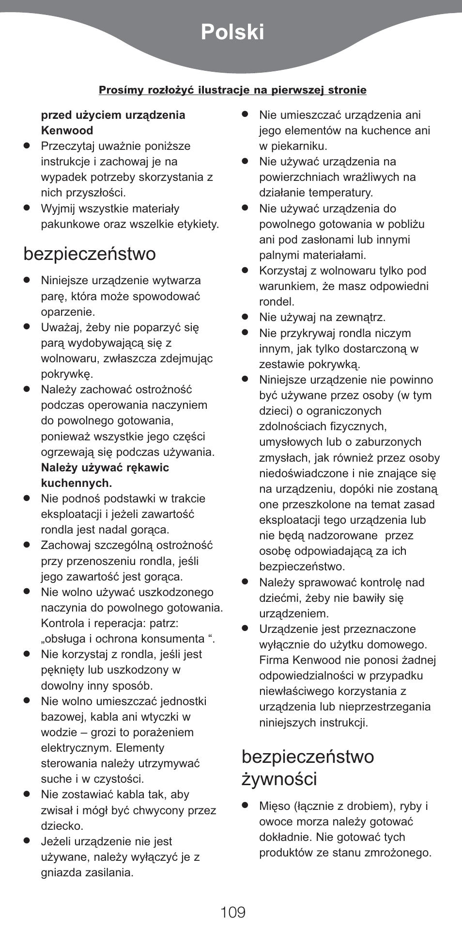 Polski, Bezpieczeństwo, Bezpieczeństwo żywności | Kenwood CP707 User Manual | Page 109 / 141