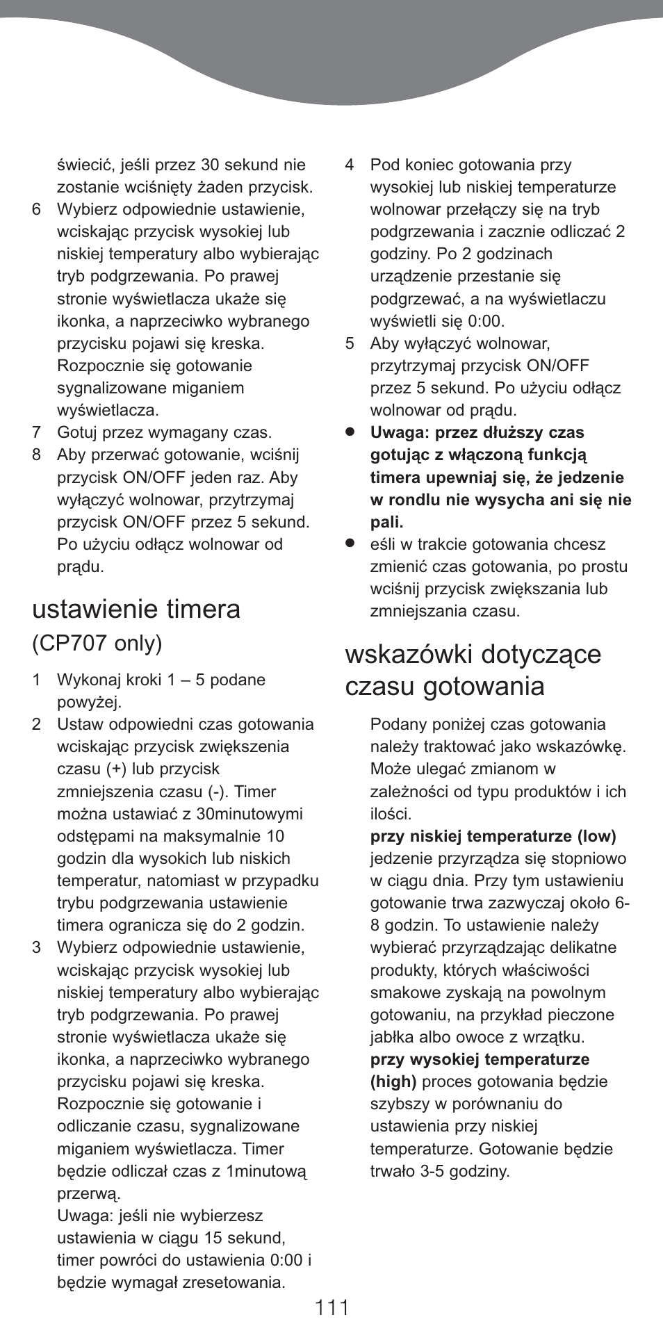 Ustawienie timera, Wskazówki dotyczące czasu gotowania, Cp707 only) | Kenwood CP707 User Manual | Page 111 / 141