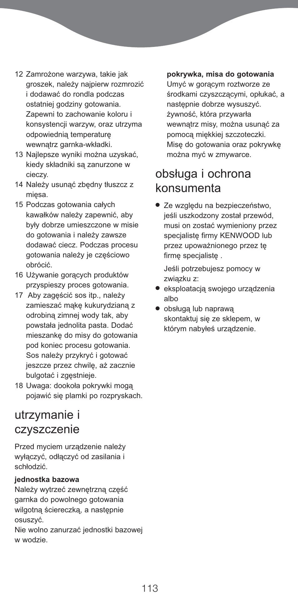 Utrzymanie i czyszczenie, Obsługa i ochrona konsumenta | Kenwood CP707 User Manual | Page 113 / 141