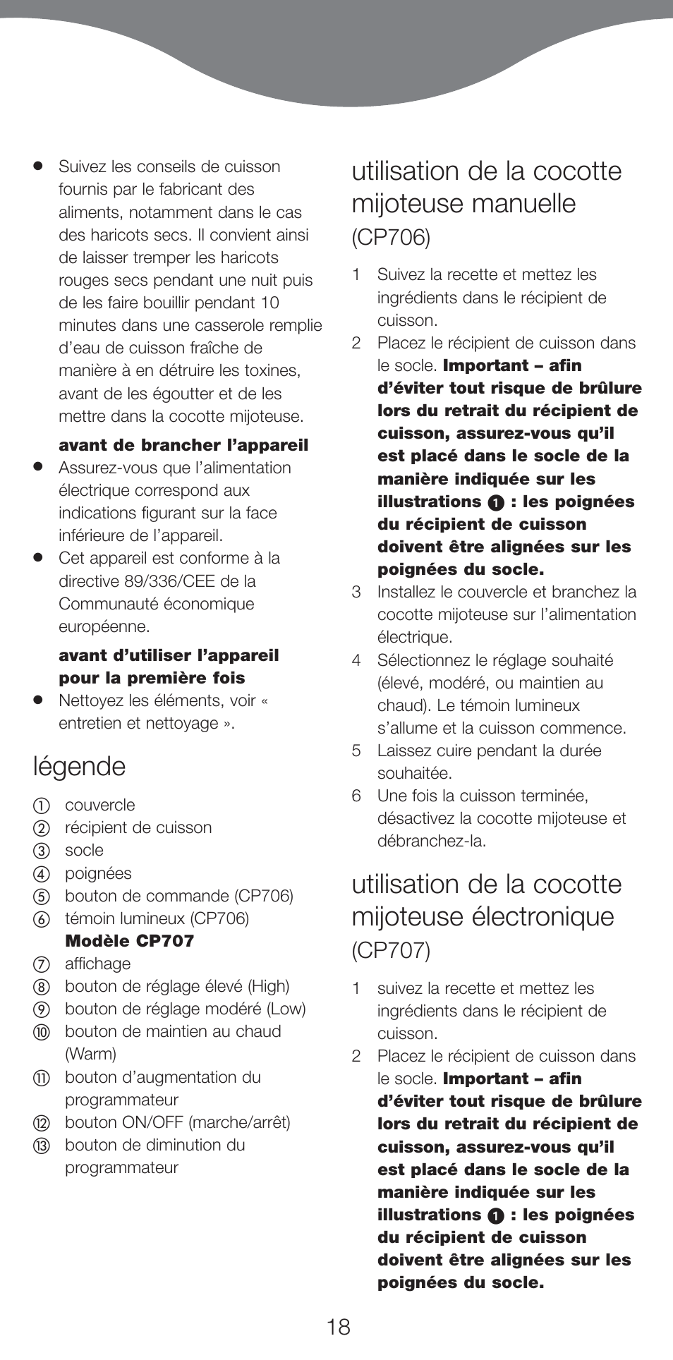 Légende, Utilisation de la cocotte mijoteuse manuelle, Utilisation de la cocotte mijoteuse électronique | Cp706), Cp707) | Kenwood CP707 User Manual | Page 18 / 141