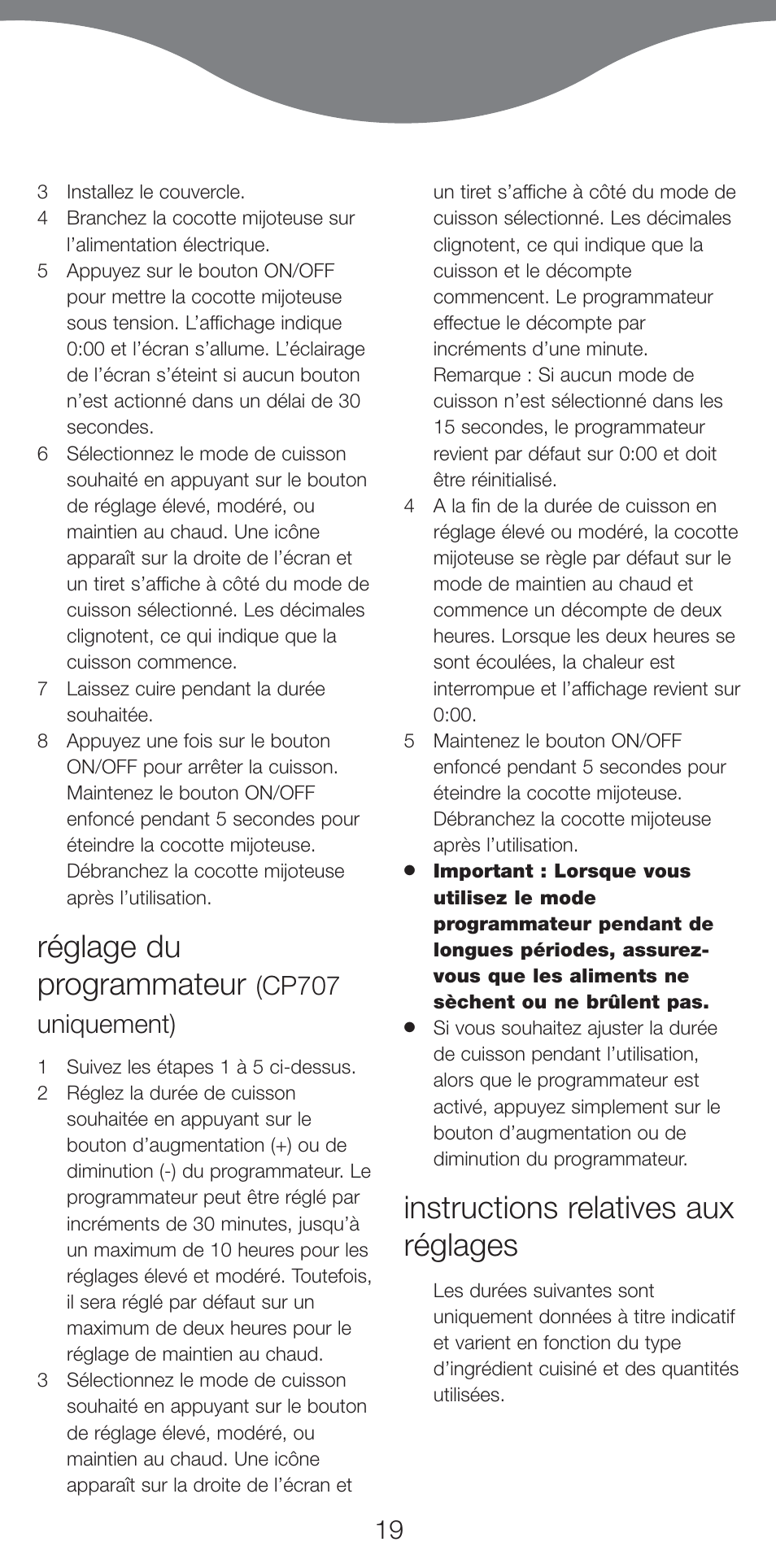 Réglage du programmateur, Instructions relatives aux réglages, Cp707 uniquement) | Kenwood CP707 User Manual | Page 19 / 141