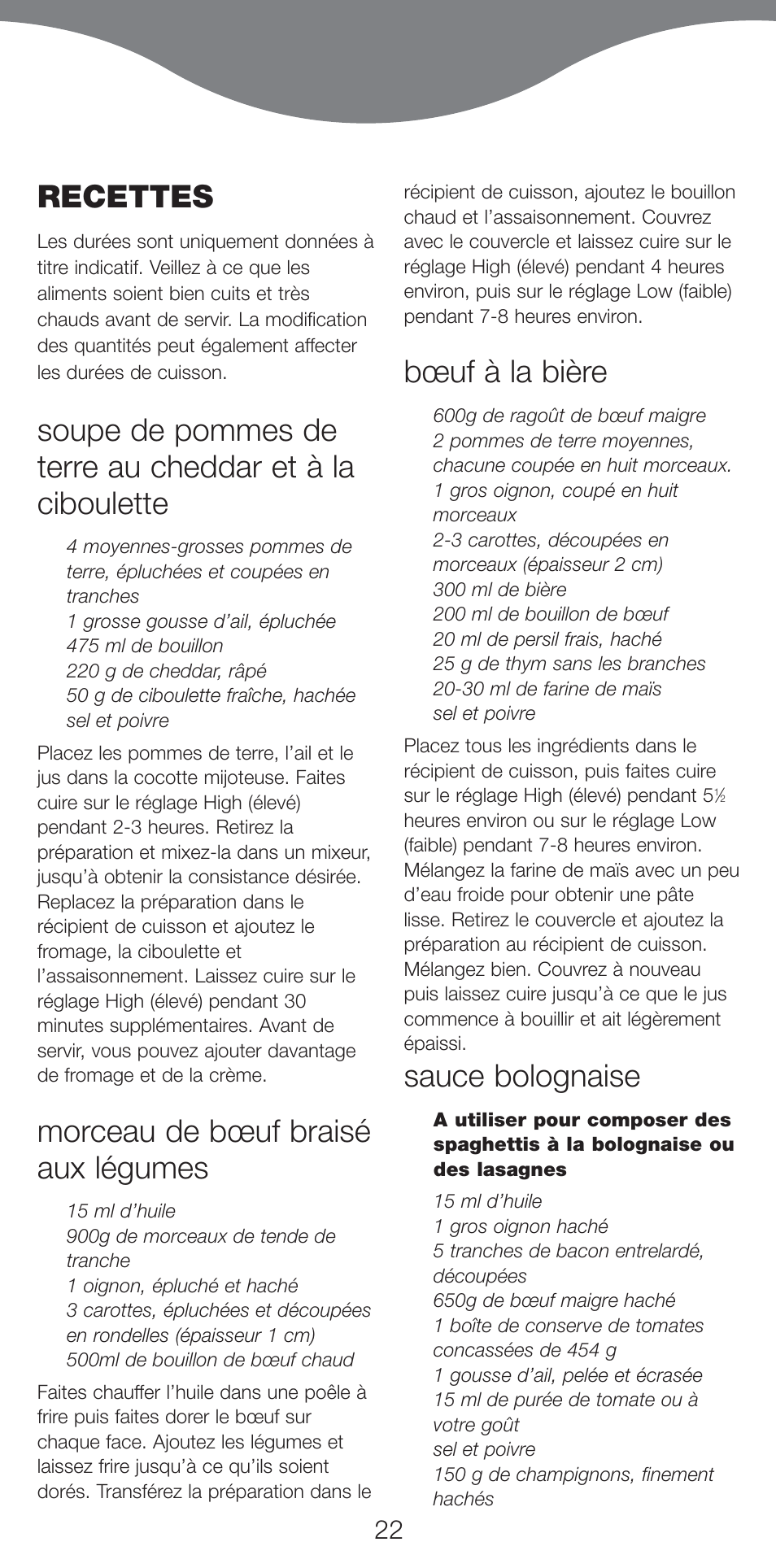 Recettes, Morceau de bœuf braisé aux légumes, Bœuf à la bière | Sauce bolognaise | Kenwood CP707 User Manual | Page 22 / 141