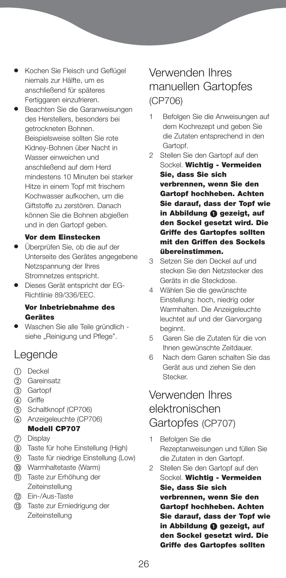 Legende, Verwenden ihres manuellen gartopfes, Verwenden ihres elektronischen gartopfes | Cp706), Cp707) | Kenwood CP707 User Manual | Page 26 / 141