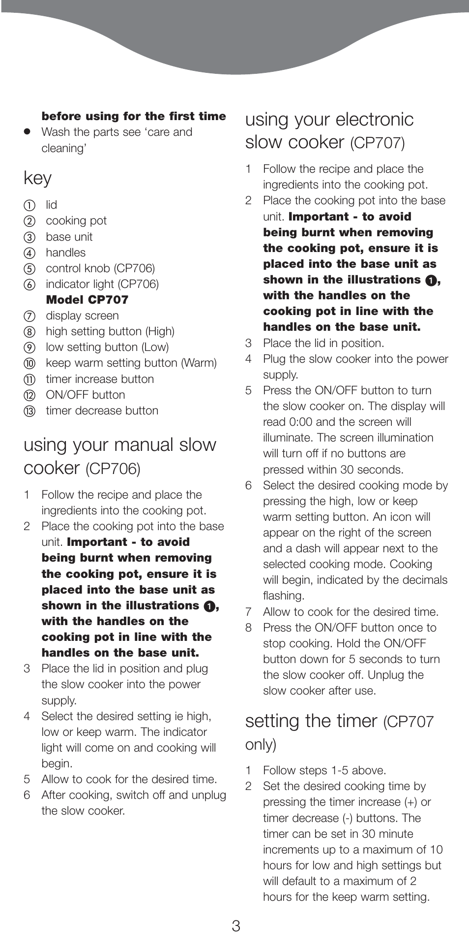 Using your manual slow cooker, Using your electronic slow cooker, Setting the timer | Cp706), Cp707), Cp707 only) | Kenwood CP707 User Manual | Page 3 / 141