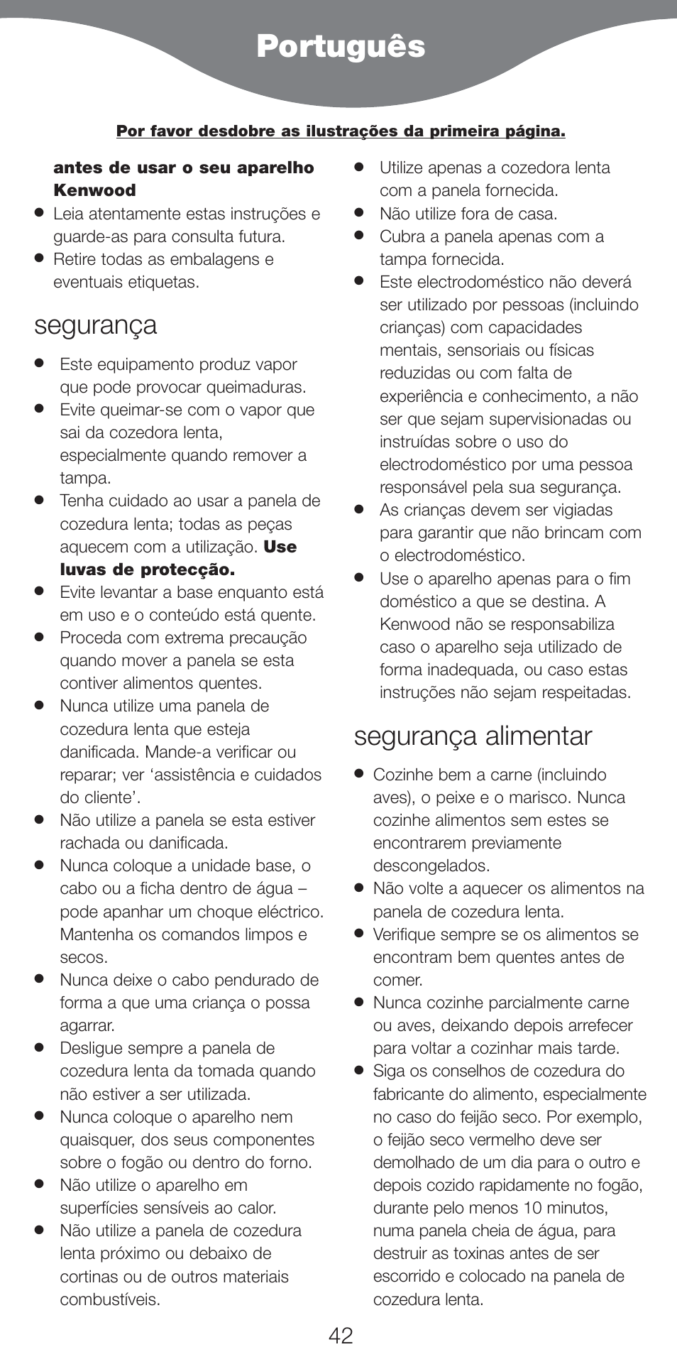 Português, Segurança, Segurança alimentar | Kenwood CP707 User Manual | Page 42 / 141