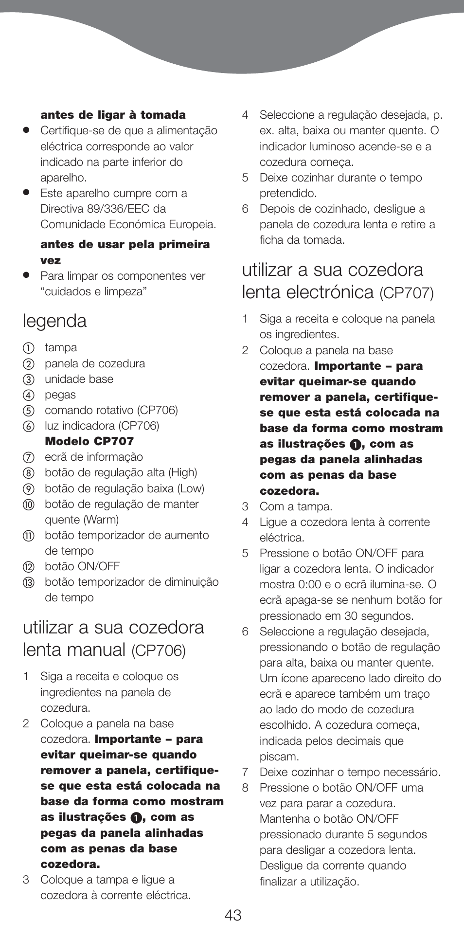 Legenda, Utilizar a sua cozedora lenta manual, Utilizar a sua cozedora lenta electrónica | Cp706), Cp707) | Kenwood CP707 User Manual | Page 43 / 141