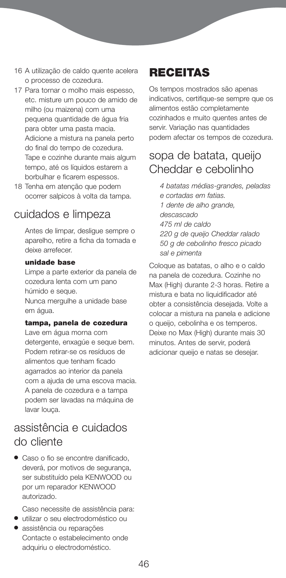 Cuidados e limpeza, Assistência e cuidados do cliente, Receitas | Sopa de batata, queijo cheddar e cebolinho | Kenwood CP707 User Manual | Page 46 / 141