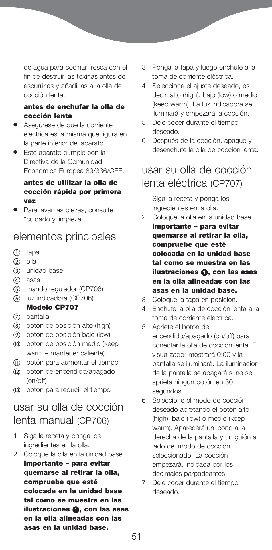 Elementos principales, Usar su olla de cocción lenta manual, Usar su olla de cocción lenta eléctrica | Cp706), Cp707) | Kenwood CP707 User Manual | Page 51 / 141