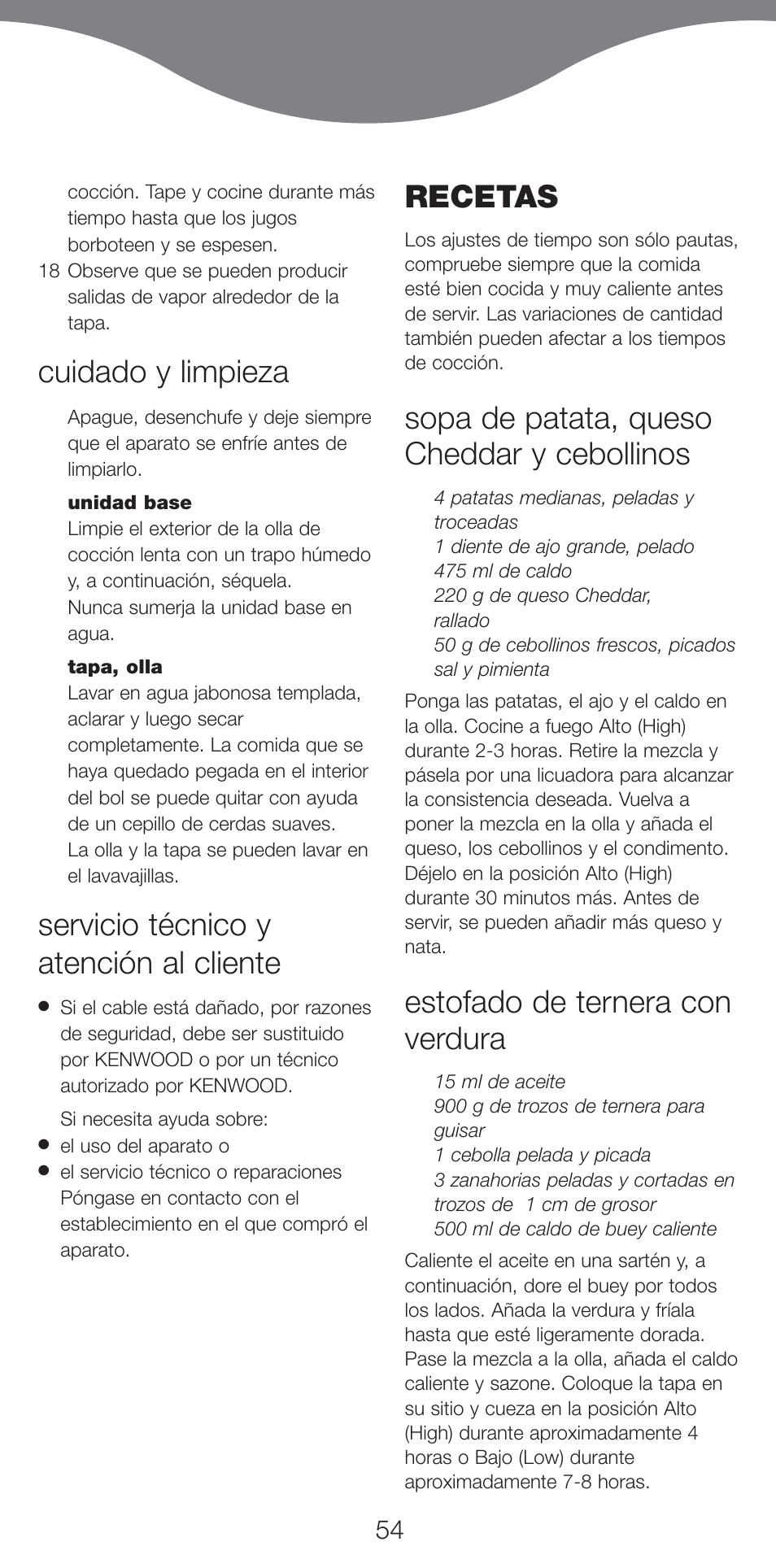 Cuidado y limpieza, Servicio técnico y atención al cliente, Recetas | Sopa de patata, queso cheddar y cebollinos, Estofado de ternera con verdura | Kenwood CP707 User Manual | Page 54 / 141