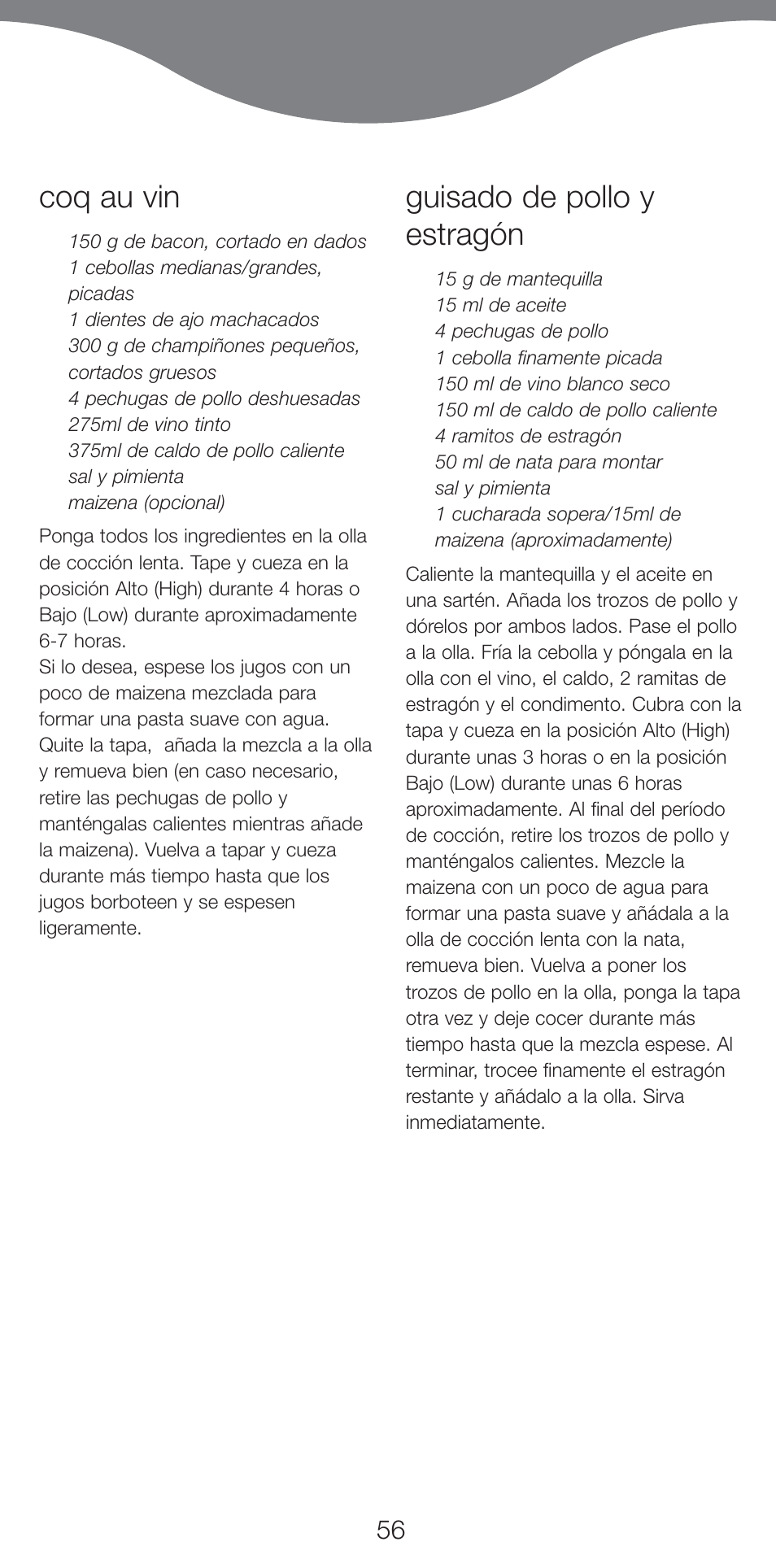 Coq au vin, Guisado de pollo y estragón | Kenwood CP707 User Manual | Page 56 / 141